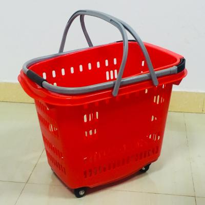 China MOQ 20 PCS 40L Plastic Supermarket Shopping Rolling Cart With 4 Wheels CS-PW613 for sale