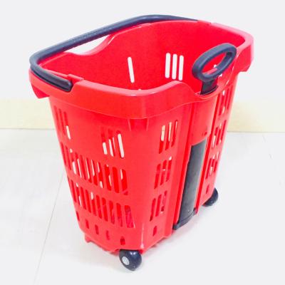 China MOQ 20 PCS Folding handle 40L supermarket trolley plastic shopping cart with 2 wheels, foldable shopping cart with casters CS-PW603 for sale