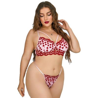 China 2022 MODENA hot sale plus size 95% polyester embroidered transparent lace women sexy underwear two piece set for sale