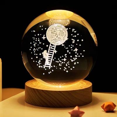 China China Wholesale Gifts Wooden Led Light Base Stand Engraving Custom 80mm Solar Galaxy Crystal Ball 3d System for sale