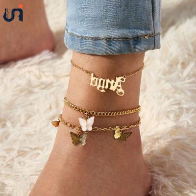 China BOHEMIA Custom Unique Charm Beach Anklet Foot Jewelry Cuban Chain Gold Diamond Rhinestone Tennis Butterfly Anklet for Women for sale