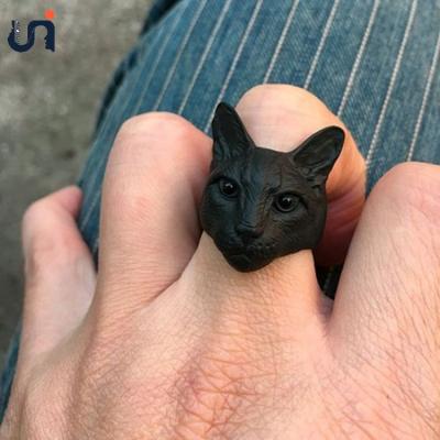 China Custom Cute Fashion Trendy UNIQUE Cat Rings Women Animal Jewelry Men's Cat Ring Silver Black Color Plated Vintage Head New Big for sale