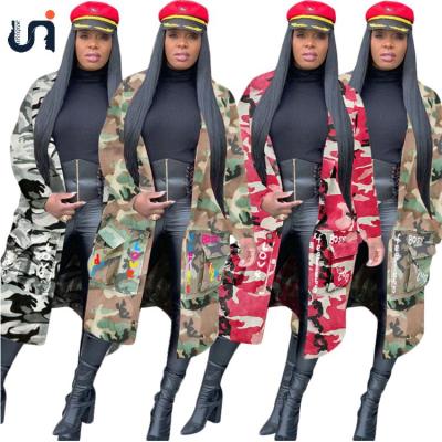 China 2021 Viable UNIQUE Ladies Camouflage Long Coat Cardigan Motorcycle Trench Anorak Custom Plus Size Women Jackets for sale