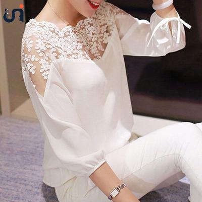 China Anti-pilling New UNIQUE White Color Women Tops Lady Blouse Long Sleeve Hollow Lace Up Casual Chiffon Blouse Tops for sale