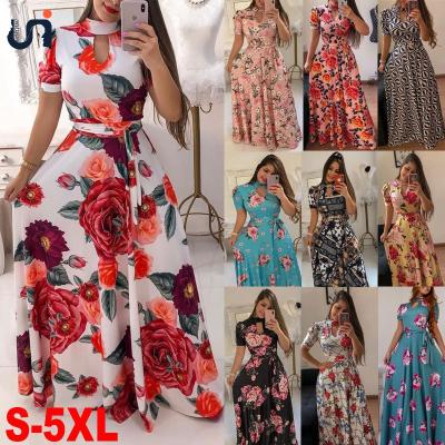 China UNIQUE Women's Maxi Dress Short Sleeve Casual Anti-Static Floral Printed Swing Long Maxi Dress With Belt S-xxxxxl for sale