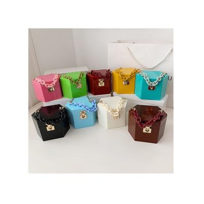 China Fashion Polygon Candy Color Acrylic Bags Mini Make Up Small Bags For Women Metal Chains Lock Female Handbags Summer PVC Purses for sale