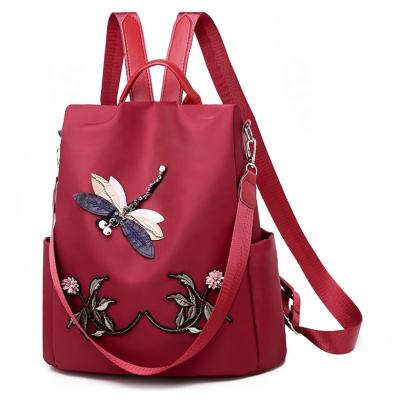 China Women's 3d dragonfly flower embroidery floral outdoor travel backpack Chinese style waterproof custom large capacity for sale