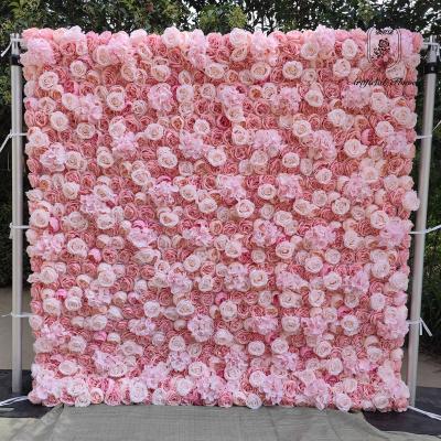 China Lasting White Pink Roll UP Flower Wall Plant Wall Hanging Artificial Rose Morning 3D Artificial Flower Wall Backdrop Wedding Decoration Red for sale