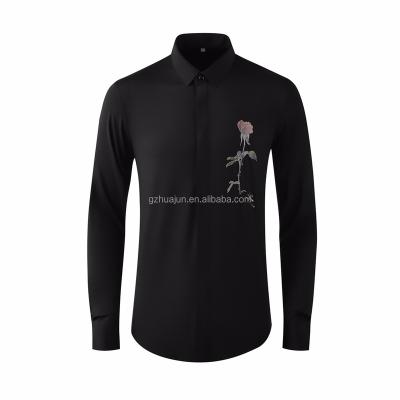 China Anti-Wrinkle Mens Fashion Long Sleeve Shirt Casual Western Style Rose Embroidered Shirt for sale