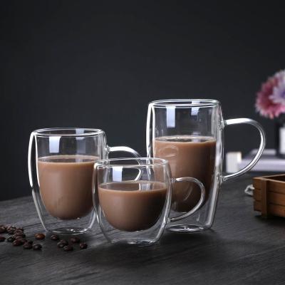 China 250ml 350ml Coffee Tea and Espresso Supplies Borosilicate Double Wall Coffee Mug Viable Clear Glass Mug with Handle Custom Logo for sale