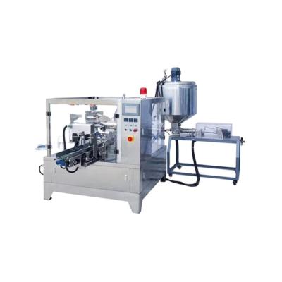 China Automatic Rotary 8 Station Food Premade Stand Up Pouch Packing Machine With Piston Filler Liquid for sale