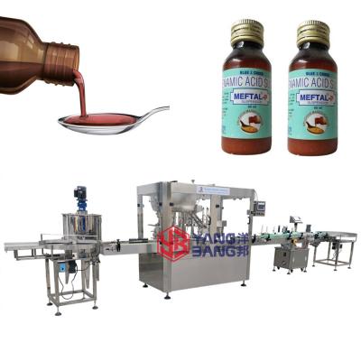 China Automatic 4 nozzles beverage liquid bottle filling machine, medicine syrup filling capping line for sale