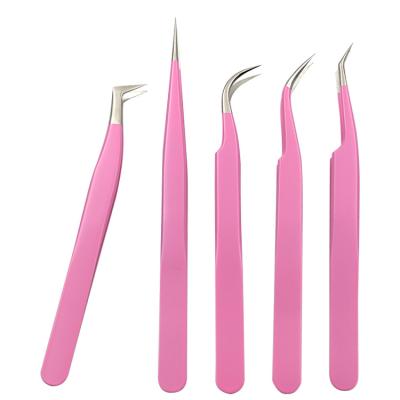 China False Wick Volume Tweezers Pink Five Piece Tweezers Set Colored Eyelash Tweezers SS304 Headed Tweezers For Beauty Tools for sale