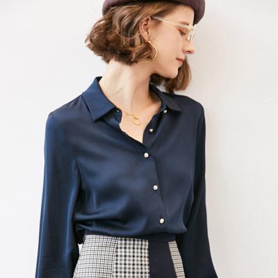 China Anti-pilling 2022 spring newcomer OL style mulberry silk tops silk blouse elegant navy long sleeves silk shirts for women for sale