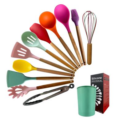 China Sustainable 12 Pcs Colorful Wooden Handle Non Sticky Silicone Cooking Instruments And Utensil Sets for sale