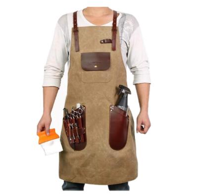 China Custom SAR Factory Canvas Cleaning Apron With Leather Strap Washed Cotton Canvas Tool Work Apron for sale