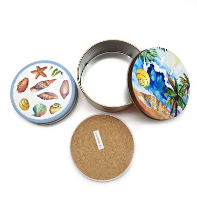 China Sea Beach Stocked Ceramic Coasters For Drinks Ceramics Ceramic Cork Backed Cup Mat Single Absorbent Round Tin Box for sale