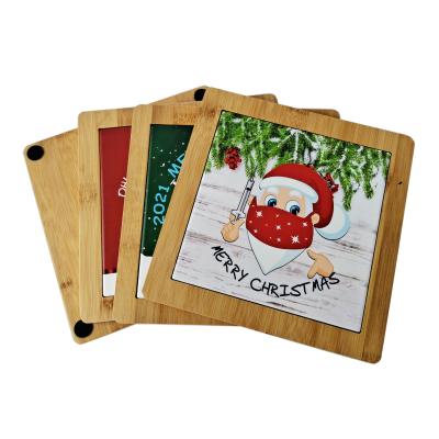 China Sustainable Square Shaped Sublimation Printing Tripod Ceramic Bamboo Christmas Jar Bamboo Coaster for sale