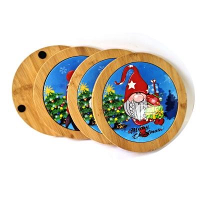 China Viable Christmas Bamboo Pot Holder Sublimation Printing Tripod Bamboo Pot Holder Round Bamboo Pot Coaster With Ceramic In The Middle for sale