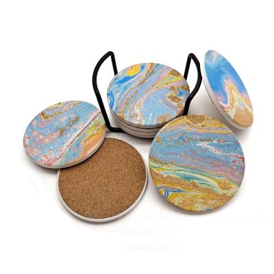 China Viable Marble Absorbent Coasters For Table Protection Mat Round Ceramic Stone Coaster Gold Blue Marble Texture Drinks With Cork Base for sale