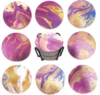 China Sustainable 8 Pieces Set Purple Coasters For With Drink Absorbent / Without Black Metal Stand 4 Inch Marble Style Ceramic Stone Coasters for sale