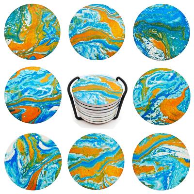 China 4 Inch Sustainable Round Ceramic Water Cup Coaster Custom 8 Absorbing Ceramic Pcs One Set Metal Stand for sale