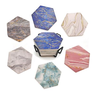 China Sustainable 6 Pieces Sets Ceramic Drink Coasters Absorbent Hexagons Marble Ceramic Cup Mats Coaster Coasters Set for sale