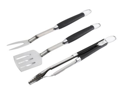 China Easily Cleaned 18 Inch Stainless Steel Grill Utensils 3pcs BBQ Tool Kit Textured TPR Handle BBQ Spatula Fork Tongs for sale