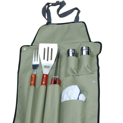 China Easily Cleaned 430 Stainless Steel BBQ Tool Kit With Wooden Handles In Apron Bag for sale