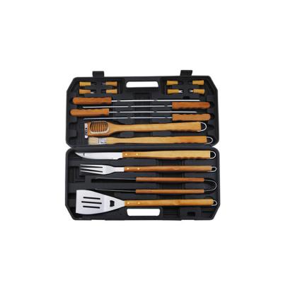 China Hot Selling Style 18pcs Handle Stainless Steel Easily Cleaned Wooden BBQ Tool Kit With Suitcase for sale