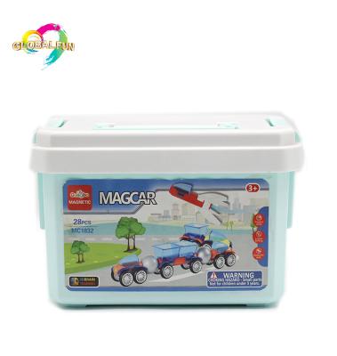 China Colorful Magnetic Building Toy 28 Pcs DIY Kids Plastic Building Tiles Blocks Magcar Magnet Bricks Set For Kids Barrel Packing for sale