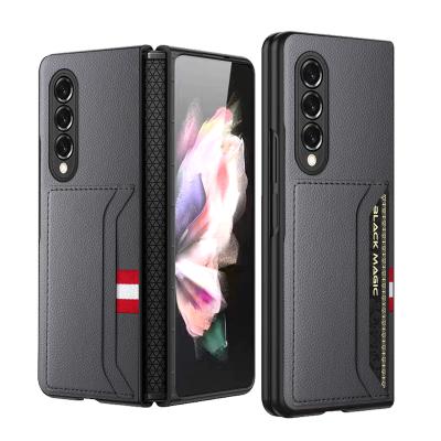 China Shockproof Z fold 3 case with cardslot, hinge protection design, luxury business PU leather cover case for sale