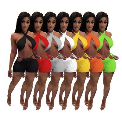 China 2022 new fashion style anti-static women dresses solid color sexy two-piece neck and buttocks hanging tops and shorts women skirts for sale