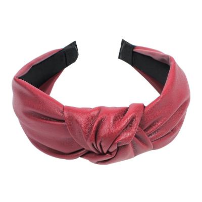 China High Quality Fashion PU Leather Headband Korean Style Simple Middle Knotted Wide Side Hair Bands For Women for sale