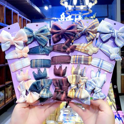 China Wholesale Cute Fashion Bow Plaid Hairpin Set Cute Cartoon Children Hair Accessories Set for sale