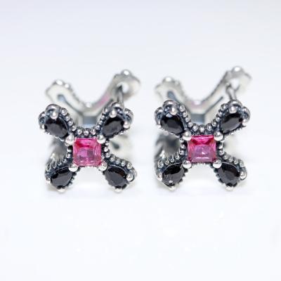 China Religious Wholesale Retro Vintage Cuff Earrings Huggie Hoop Earrings Pink CZ Christian Religious Cross 925 Sterling Silver Earring for sale