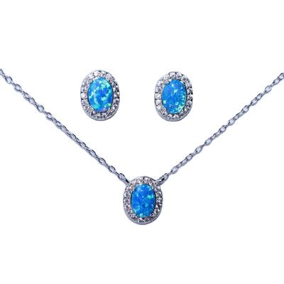 China CLASSIC Customized Oval Blue Japanese Opal Jewelry Rhodium Plated Cubic Zirconia Earrings Necklace 925 Sterling Silver Fine Jewelry Sets for sale