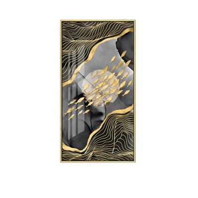 China Decoration Abstract Crystal Porcelain Wall Gold Foil Fish Painting On Canvas With Aluminum Alloy Frame Decor For Hotel Home Office for sale