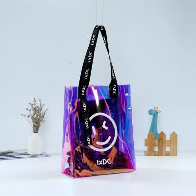 China Reusable PVC Clear PVC Tote Shopping Bag Shoulder Transparent Handbag With Logo Pvc Beach Bag With Handle for sale