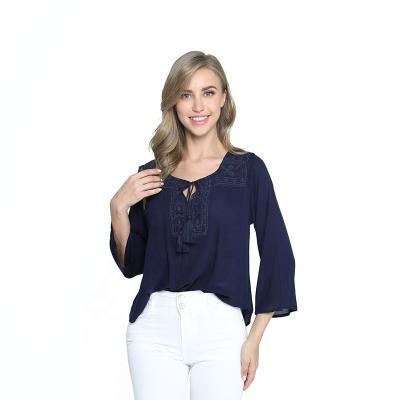 China Lady 2021 New Arrival Breathable Woman Spring Casual Embroidered Basic Top Nice Solid Woven Blouse for sale