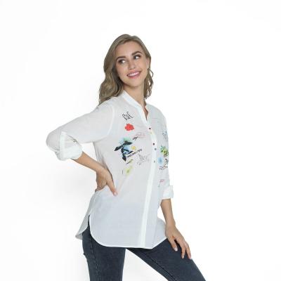 China Breathable Women Fashion Blouse Shirt Stand Neck With Color Button Full Sleeve Printing Shirt for sale