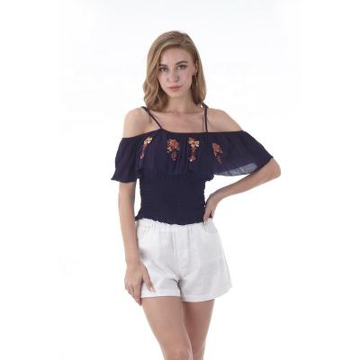 China 2021 Fashion Design Breathable Pattern Embroider Sexy Smocked Halter Woman Casual Blouse Crop Top for sale