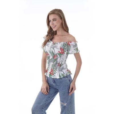 China Floral Bustier Breathable Fancy Backless Print Off The Shoulder Sexy Summer Smocked Woman Blouse Crop Top for sale