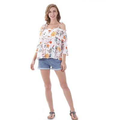 China 2021 Wholesales Fancy New Design Breathable Elegant Printing Floral Women Tops Off The Shoulder Sling Blouse for sale