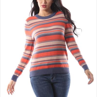 China 2021 New Fashion Anti-wrinkle Crew Neck Knitting Striped Sweater For Woman Casual Sweater for sale