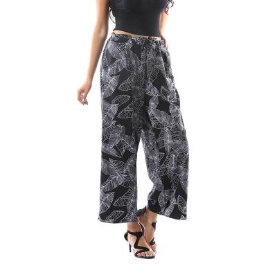 China 2021 Women's Waist Drawstring Elastic Lady Beach Pants Black Casual Loose Floral Print Pants QUICK DRY for sale