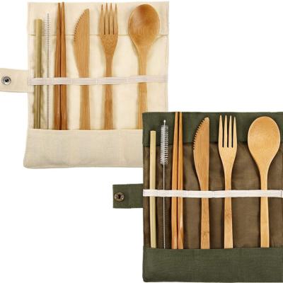 China Viable Reusable Bamboo Cutlery Set with Opener Pouch with Spoon Fork Straw Chopsticks Bamboo Knife for sale