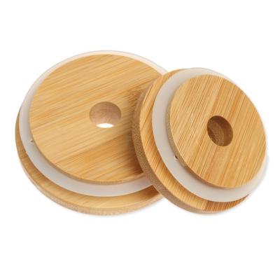 China Eco-Friendly Compostable Biodegradable Natural Bamboo Lid With Straw Hole Reusable Bamboo Jar Lids For Regular Mouth Glass Bottle for sale