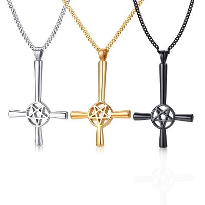 China Stainless Steel Pendant Lucifer Satan Jewelry Upside Down Nverted Cross Necklace Men's Satanic Pentagon Symbol CLASSIC for sale