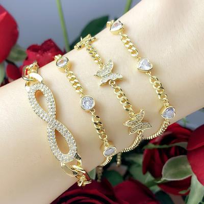 China New Designer CLASSIC Valentine's Day Gift Chunky Curb Link Chain Infinity Women's Bracelet Gold Micro Pave CZ Heart Butterfly Bracelet for sale